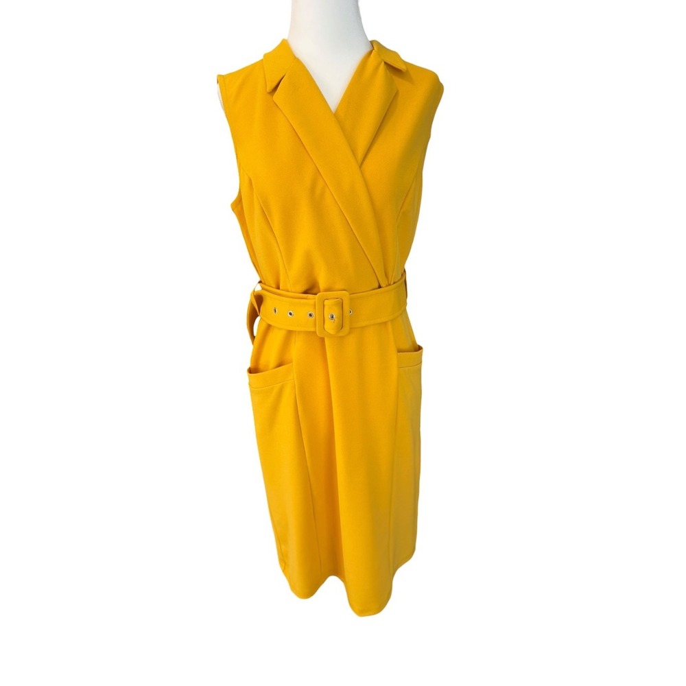 Nina Leonard Mustard Yellow Sleeveless Belted Sheath Dress L8516AF Small